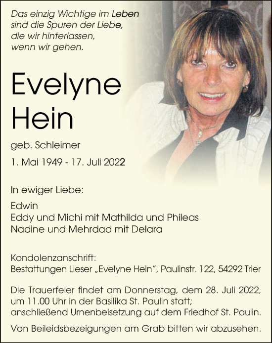 Traueranzeige von Evelyne Hein von trierischer_volksfreund