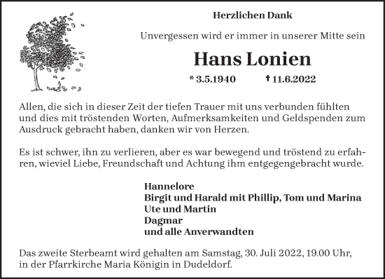 Traueranzeige von Hans Lonien von trierischer_volksfreund