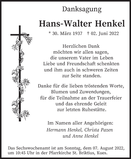 Traueranzeige von Hans-Walter Henkel von trierischer_volksfreund