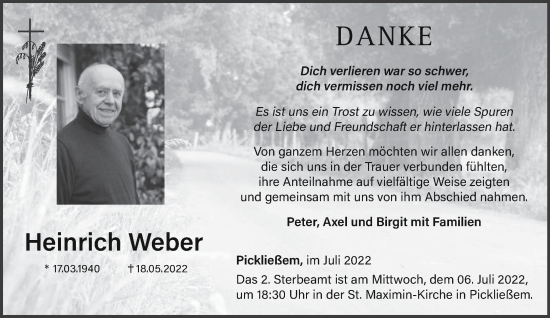 Traueranzeige von Heinrich Weber von trierischer_volksfreund