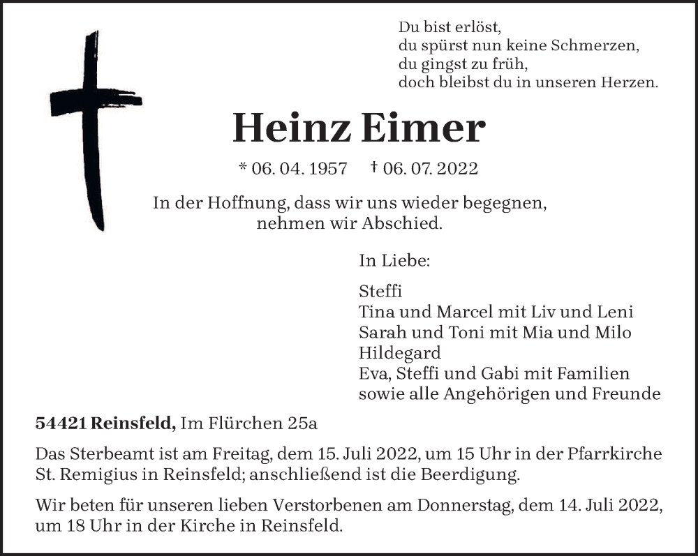  Traueranzeige für Heinz Eimer vom 13.07.2022 aus trierischer_volksfreund