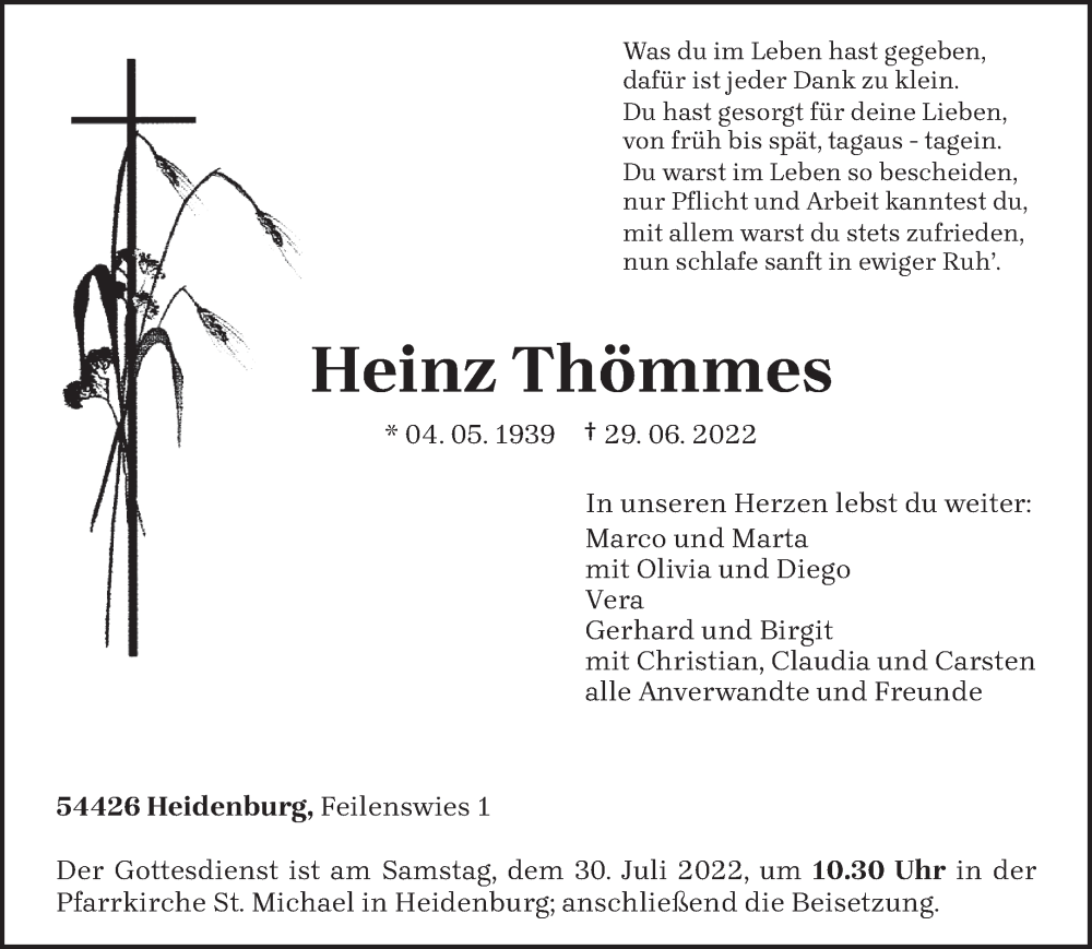  Traueranzeige für Heinz Thömmes vom 23.07.2022 aus trierischer_volksfreund