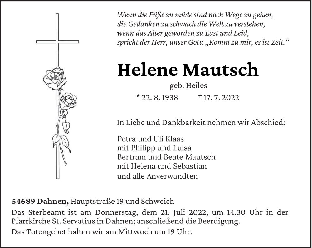  Traueranzeige für Helene Mautsch vom 19.07.2022 aus trierischer_volksfreund