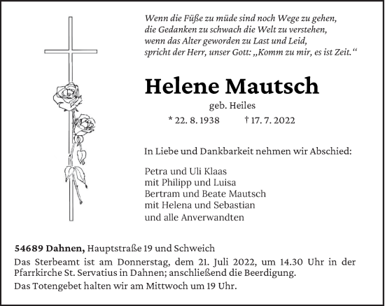 Traueranzeige von Helene Mautsch von trierischer_volksfreund