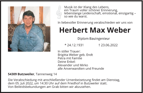 Traueranzeige von Herbert Max Weber von trierischer_volksfreund