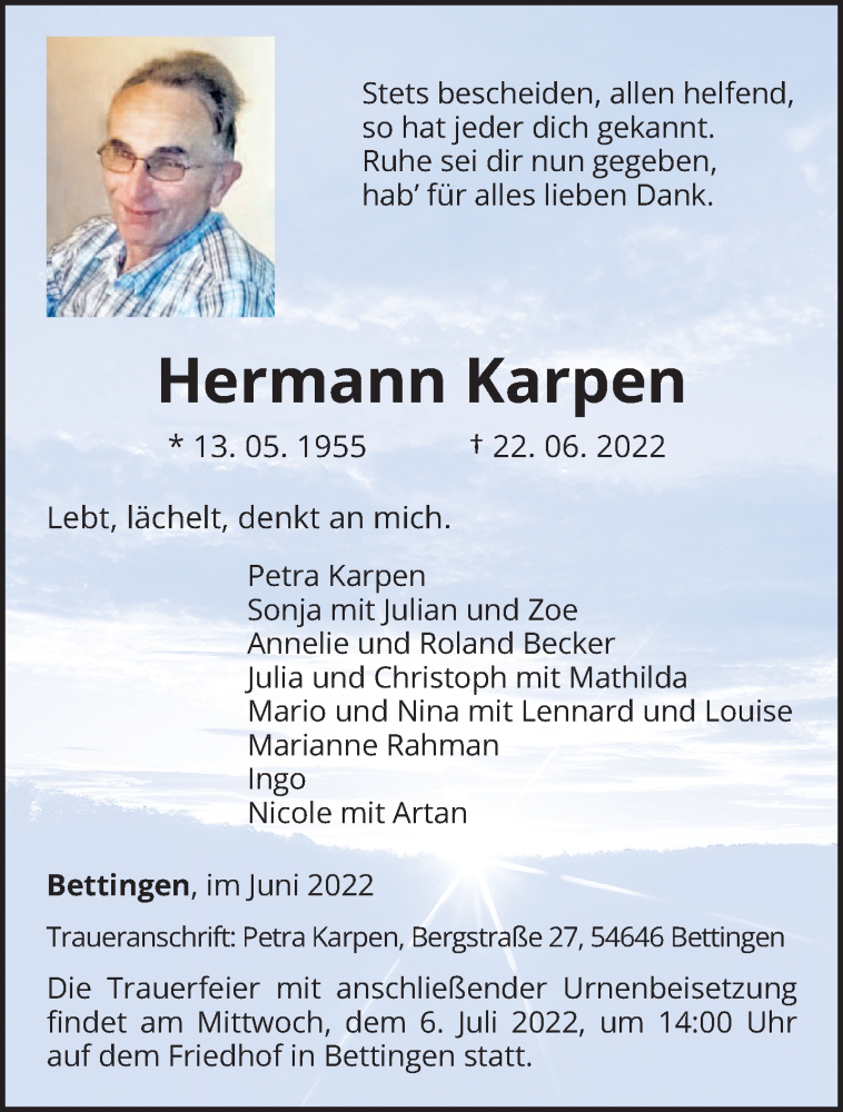  Traueranzeige für Hermann Karpen vom 02.07.2022 aus trierischer_volksfreund