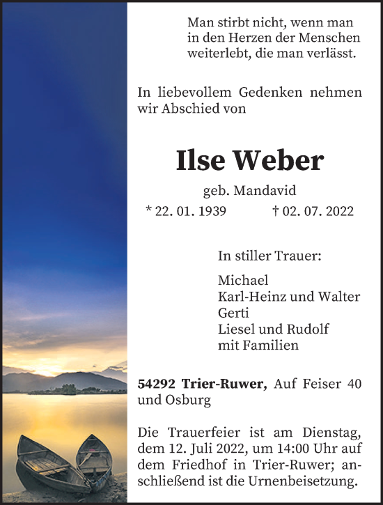 Traueranzeige von Ilse Weber von trierischer_volksfreund