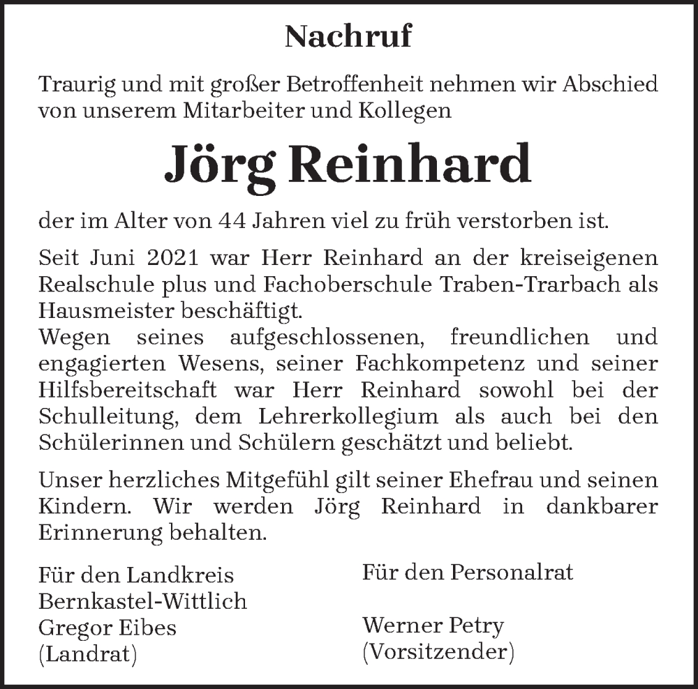  Traueranzeige für Jörg Reinhard vom 01.07.2022 aus trierischer_volksfreund
