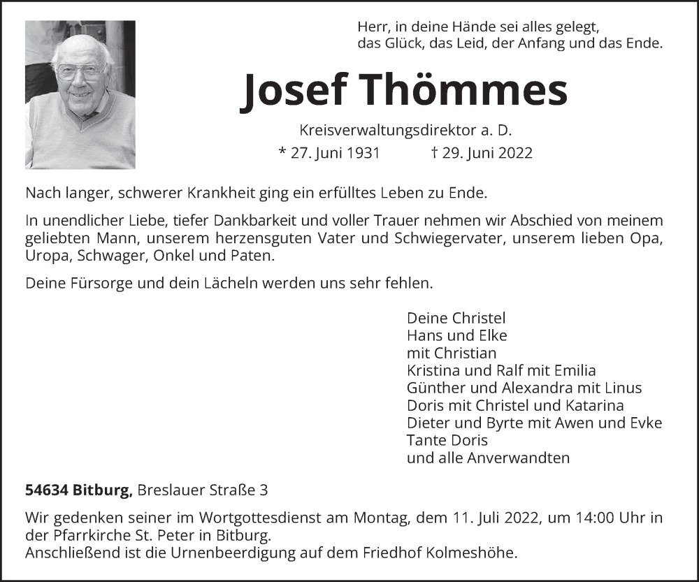  Traueranzeige für Josef Thömmes vom 02.07.2022 aus trierischer_volksfreund