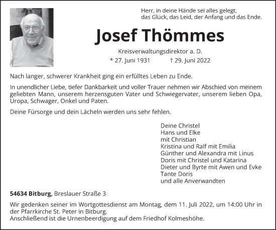 Traueranzeige von Josef Thömmes von trierischer_volksfreund