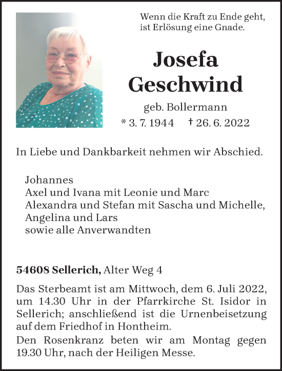 Traueranzeige von Josefa Geschwind von trierischer_volksfreund