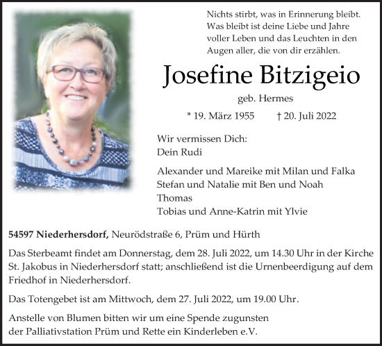 Traueranzeige von Josefine Bitzigeio von trierischer_volksfreund