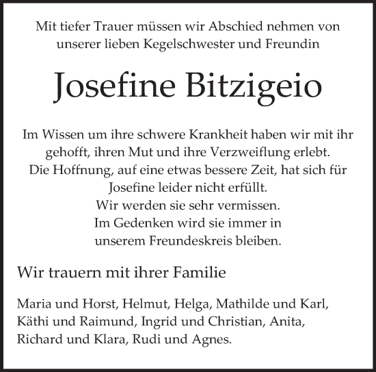 Traueranzeige von Josefine Bitzigeio von trierischer_volksfreund