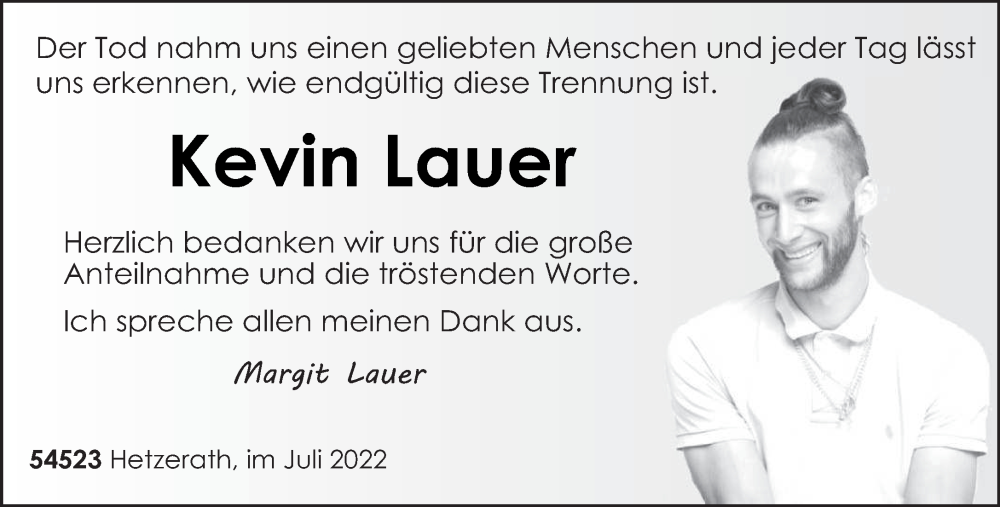  Traueranzeige für Kevin Lauer vom 09.07.2022 aus trierischer_volksfreund