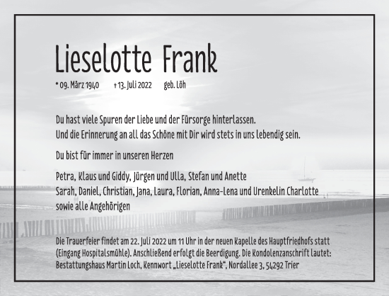 Traueranzeige von Lieselotte Frank von trierischer_volksfreund