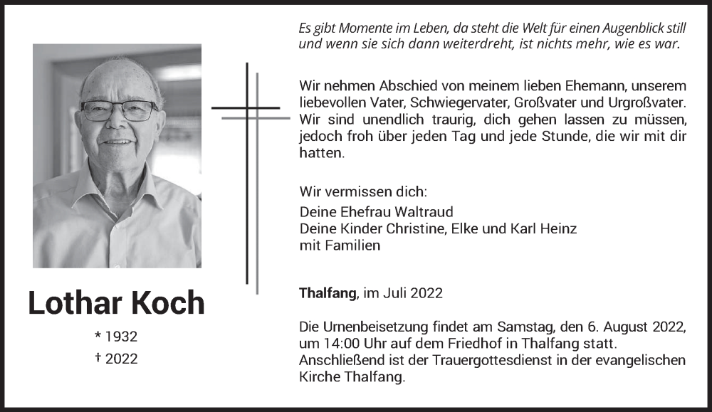  Traueranzeige für Lothar Koch vom 30.07.2022 aus trierischer_volksfreund