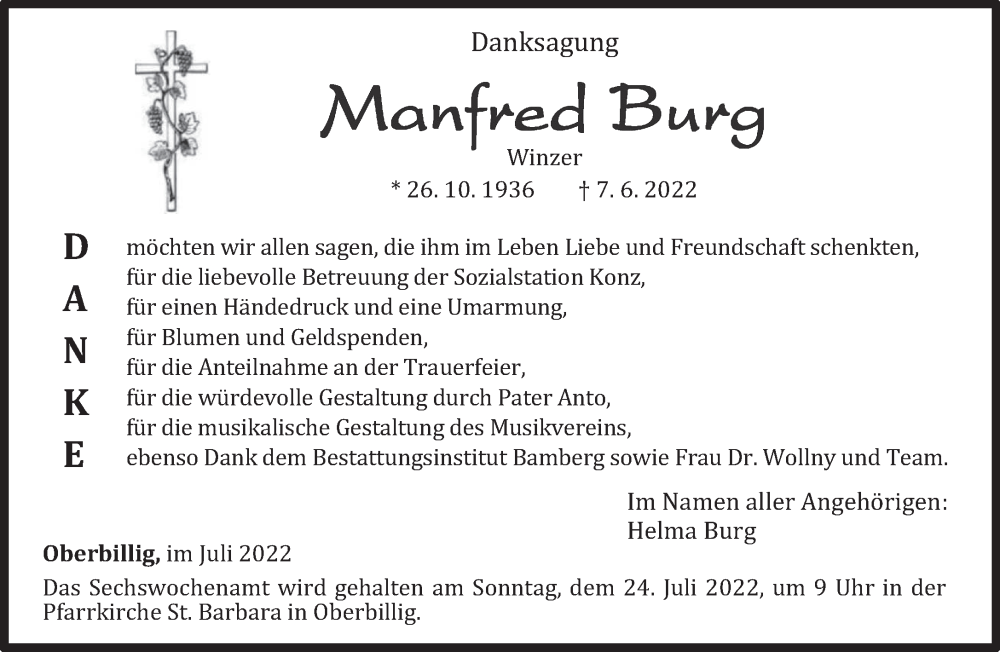  Traueranzeige für Manfred Burg vom 20.07.2022 aus trierischer_volksfreund