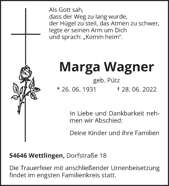 Traueranzeige von Marga Wagner von trierischer_volksfreund