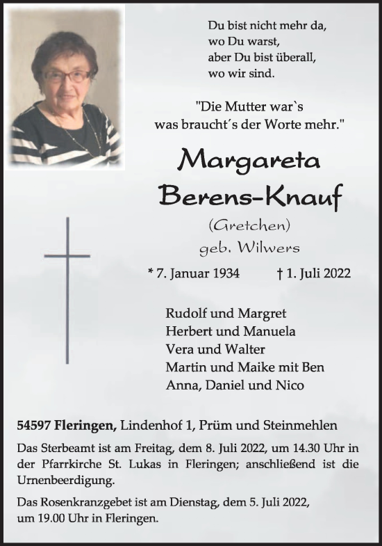 Traueranzeige von Margareta Berens-Knauf von trierischer_volksfreund