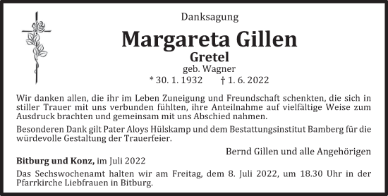 Traueranzeige von Margareta Gillen von trierischer_volksfreund