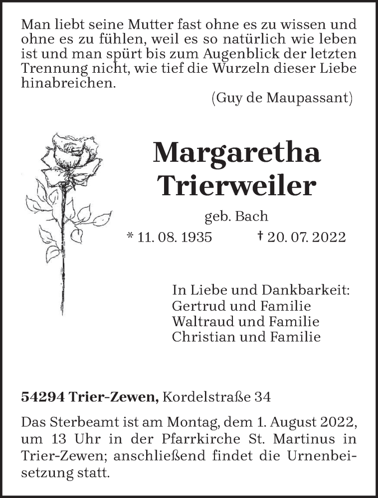  Traueranzeige für Margaretha Trierweiler vom 25.07.2022 aus trierischer_volksfreund
