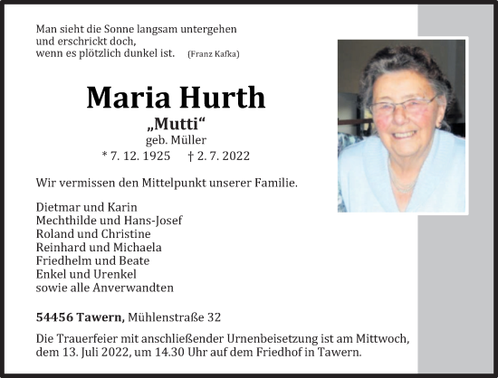 Traueranzeige von Maria Hurth von trierischer_volksfreund