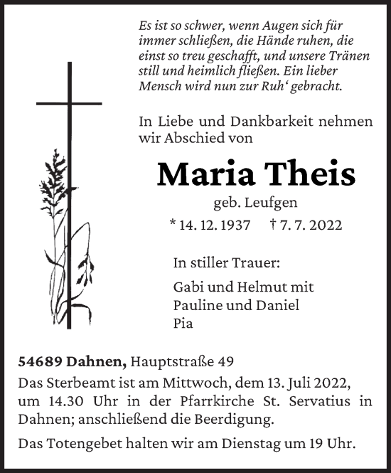 Traueranzeige von Maria Theis von trierischer_volksfreund