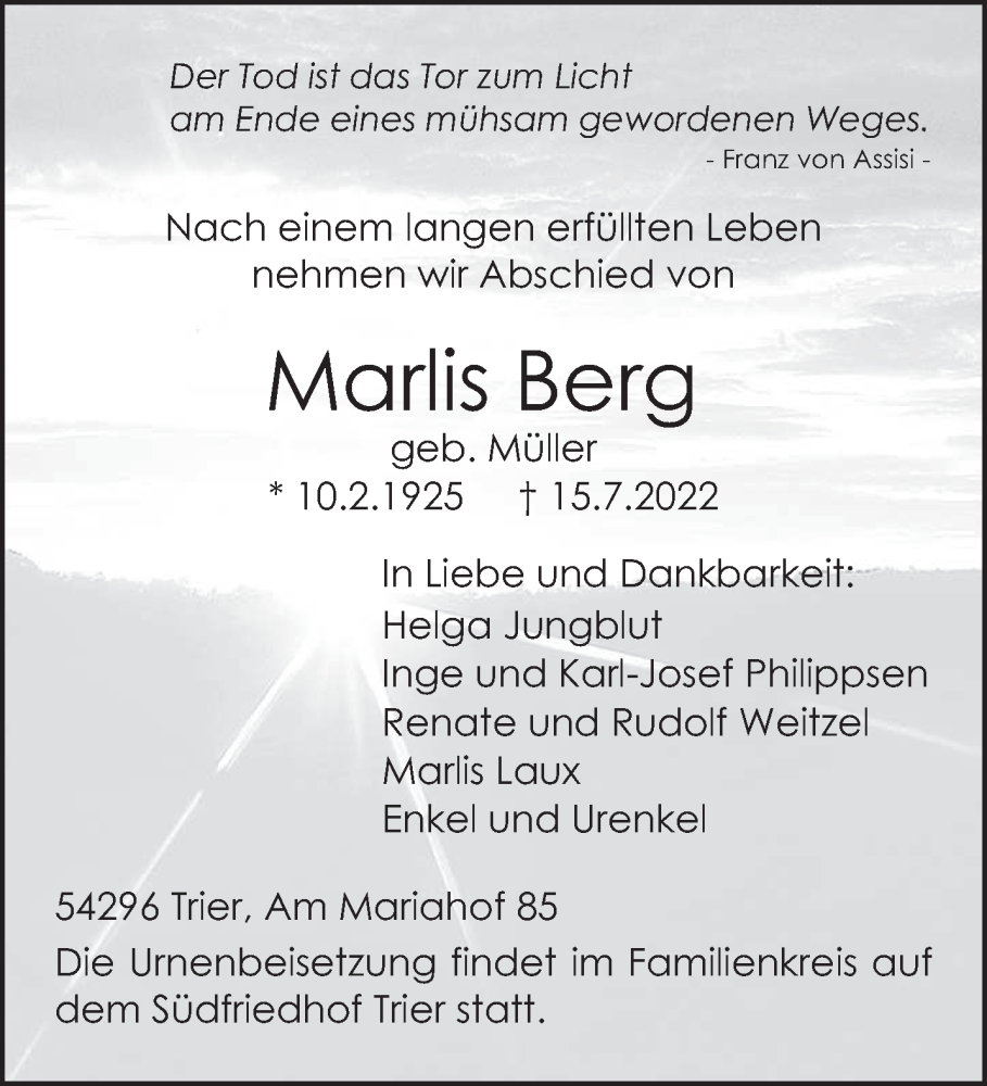 Traueranzeigen Von Marlis Berg | Volksfreund.Trauer.de