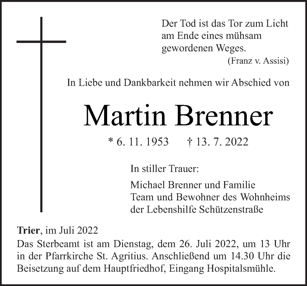  Traueranzeige für Martin Brenner vom 20.07.2022 aus trierischer_volksfreund