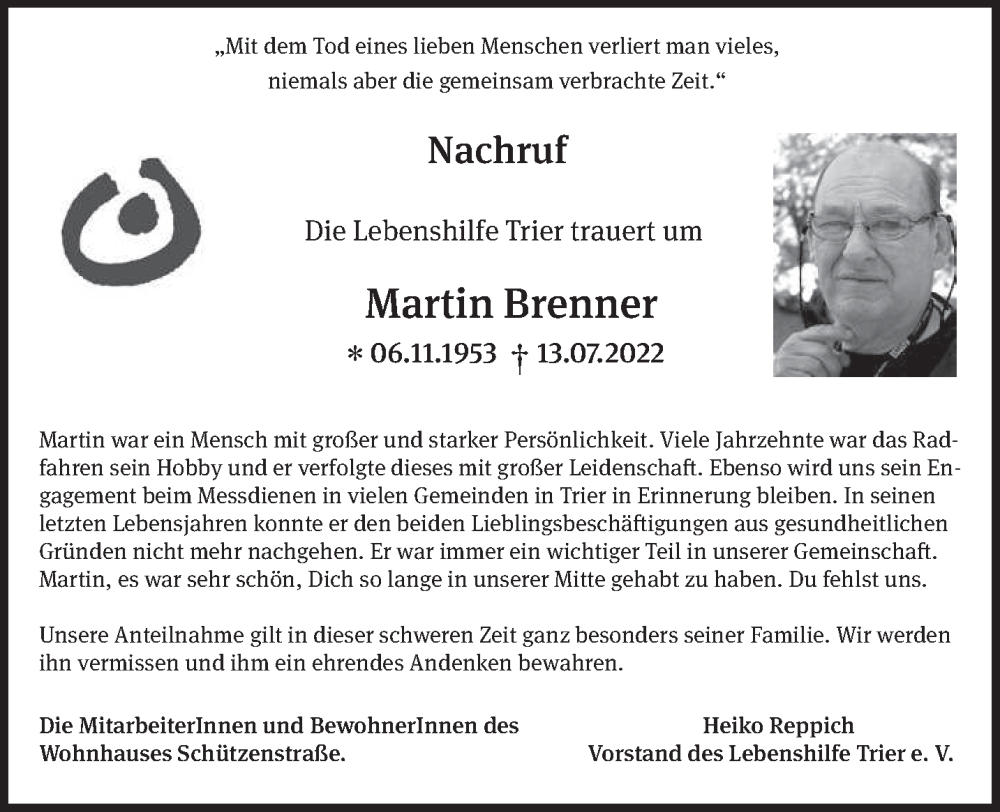  Traueranzeige für Martin Brenner vom 23.07.2022 aus trierischer_volksfreund