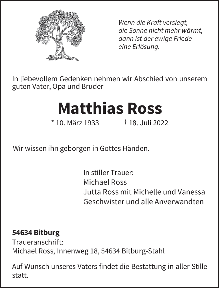  Traueranzeige für Matthias Ross vom 23.07.2022 aus trierischer_volksfreund