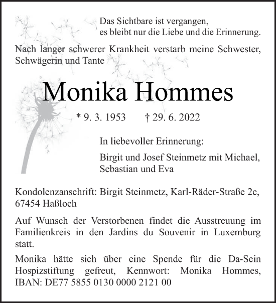 Traueranzeige von Monika Hommes von trierischer_volksfreund