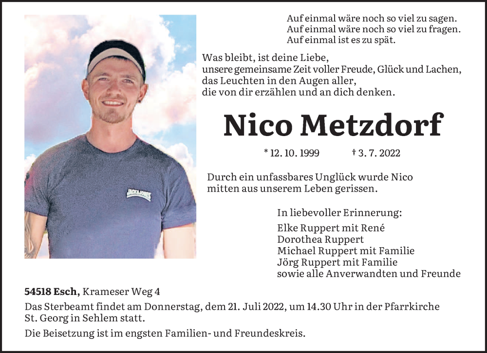 Traueranzeige für Nico Metzdorf vom 16.07.2022 aus trierischer_volksfreund