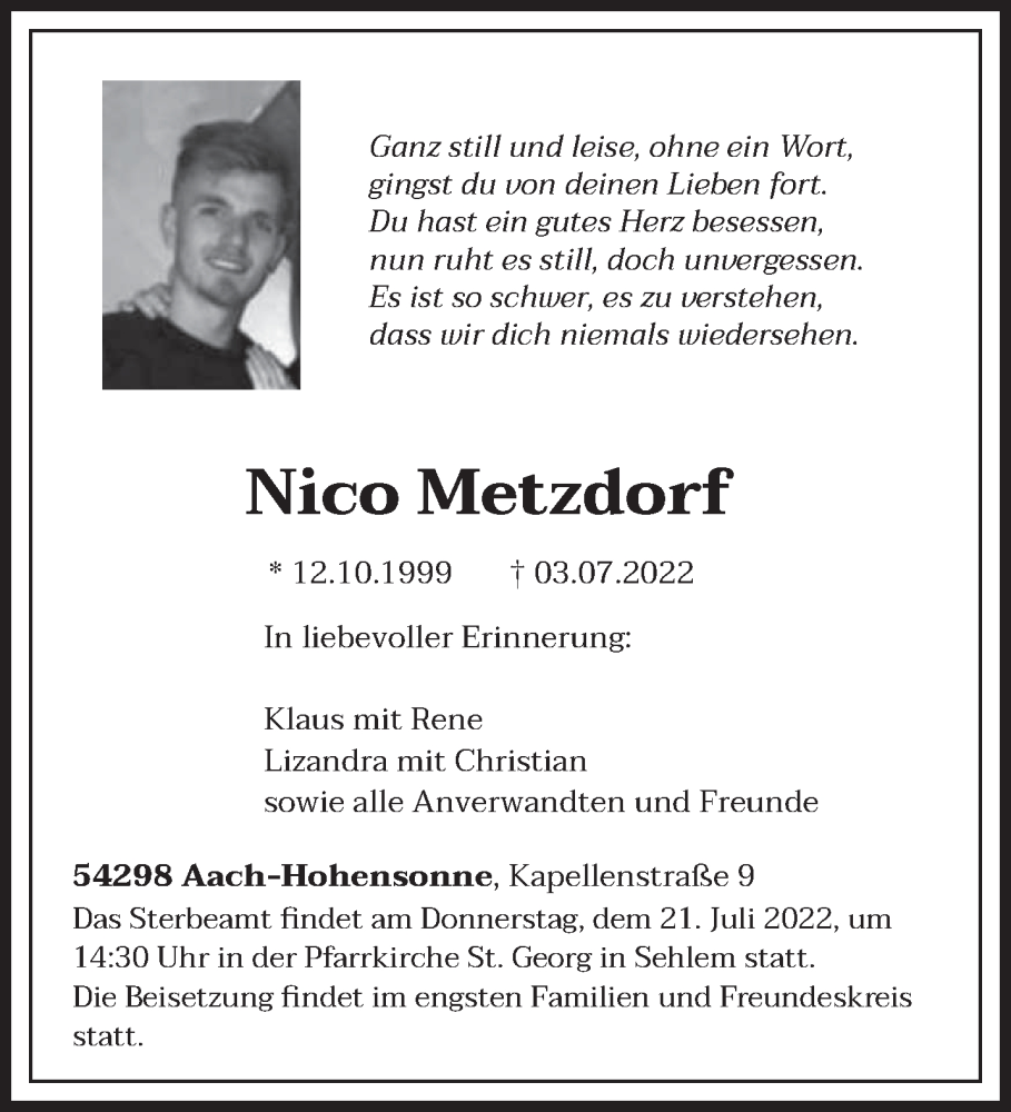 Traueranzeige für Nico Metzdorf vom 16.07.2022 aus trierischer_volksfreund