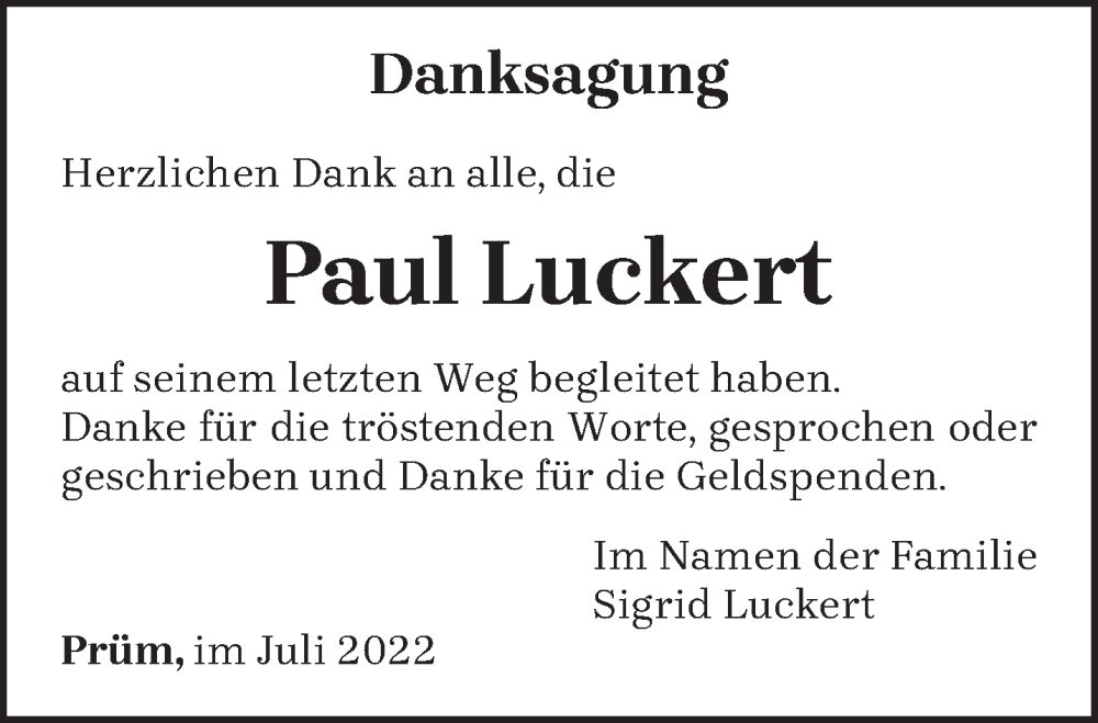  Traueranzeige für Paul Luckert vom 30.07.2022 aus trierischer_volksfreund