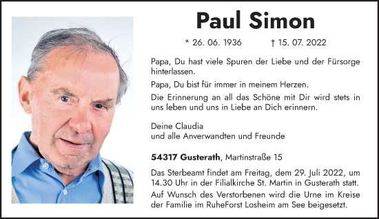 Traueranzeige von Paul Simon von trierischer_volksfreund