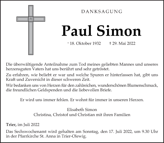 Traueranzeige von Paul Simon von trierischer_volksfreund