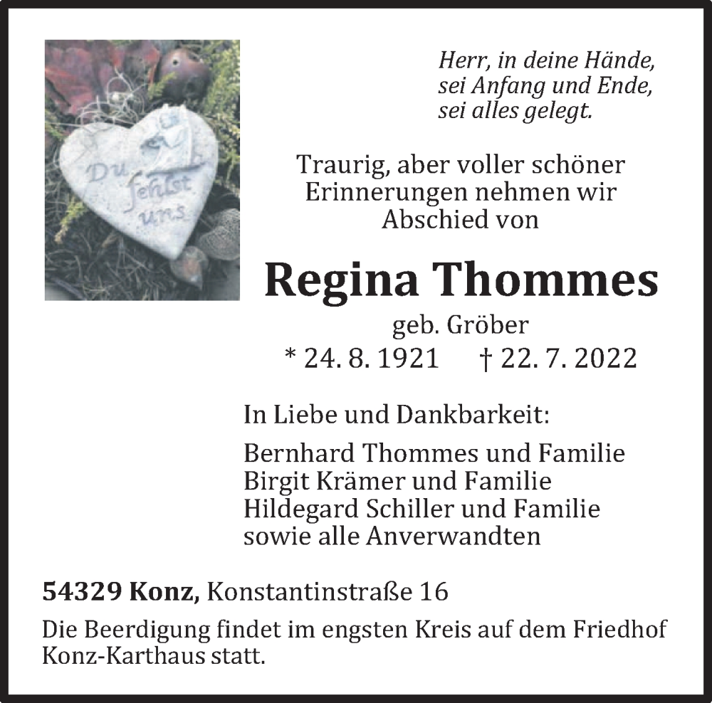  Traueranzeige für Regina Thommes vom 30.07.2022 aus trierischer_volksfreund