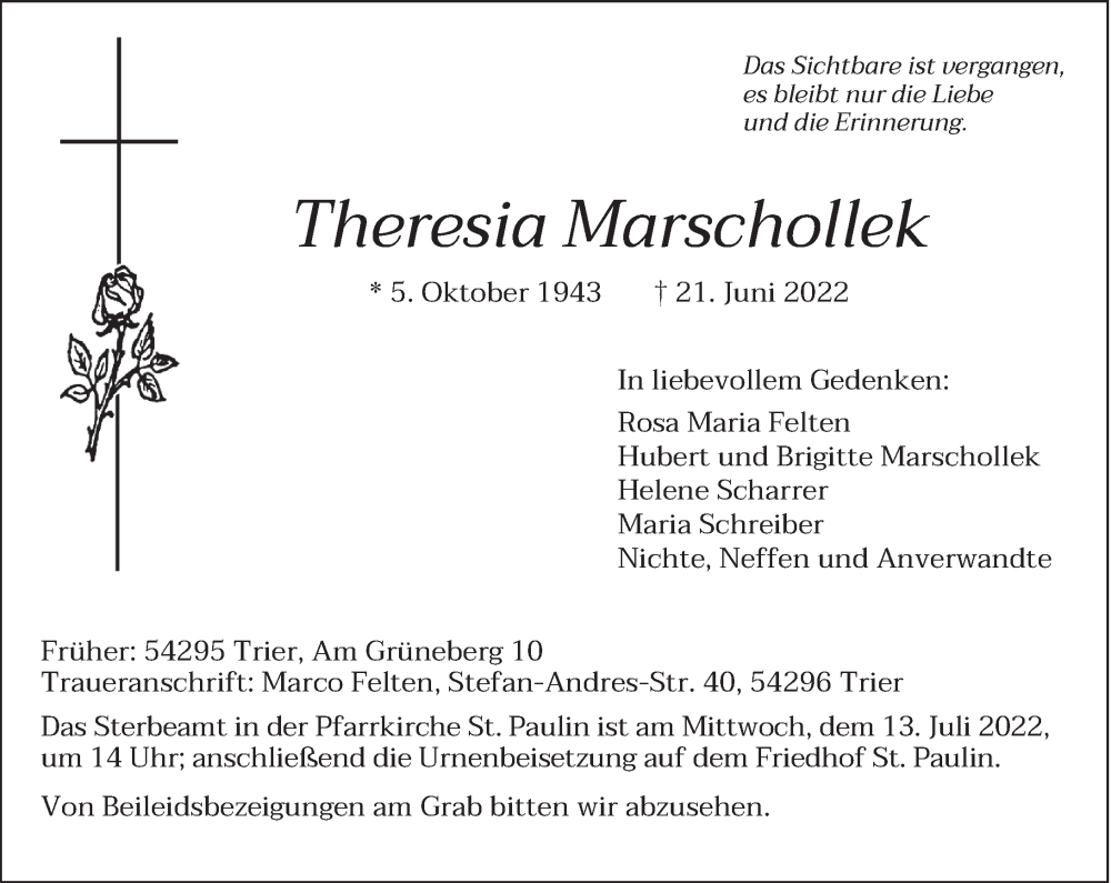  Traueranzeige für Theresia Marschollek vom 02.07.2022 aus trierischer_volksfreund