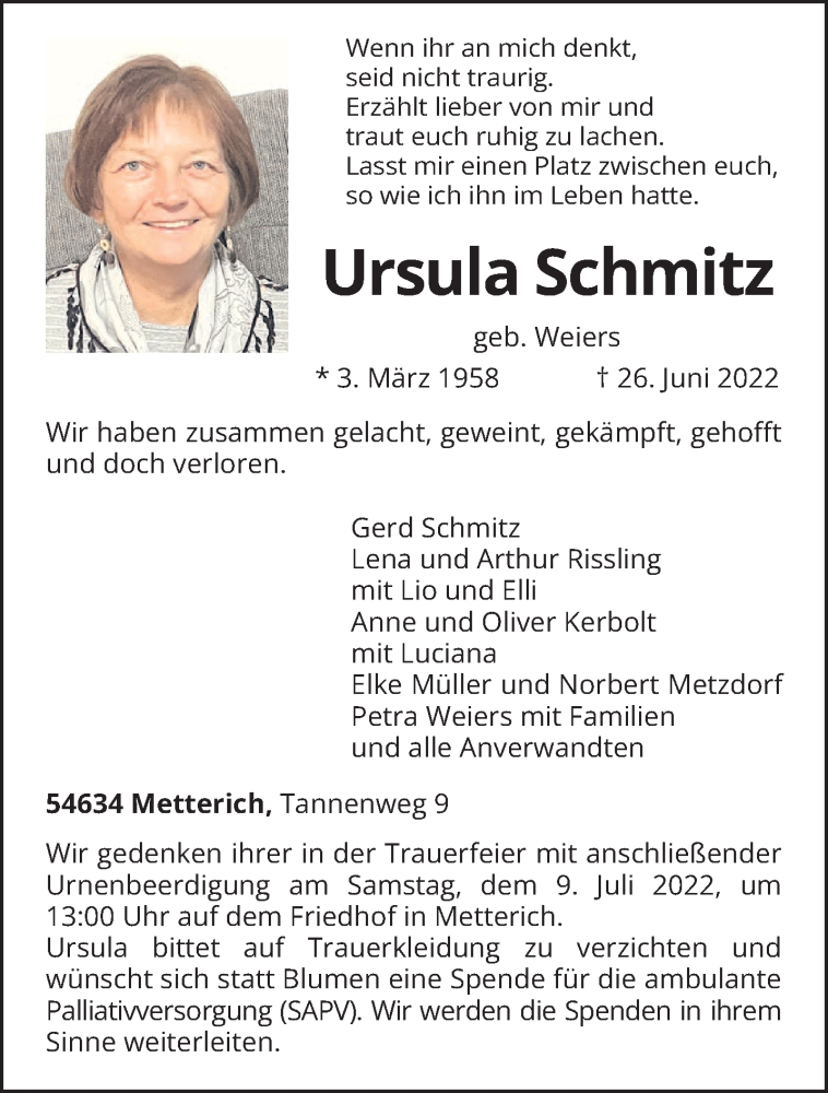  Traueranzeige für Ursula Schmitz vom 02.07.2022 aus trierischer_volksfreund