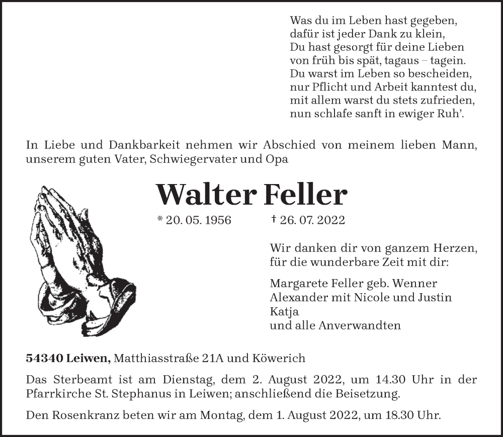  Traueranzeige für Walter Feller vom 30.07.2022 aus trierischer_volksfreund