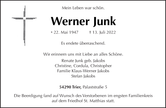 Traueranzeige von Werner Junk von trierischer_volksfreund