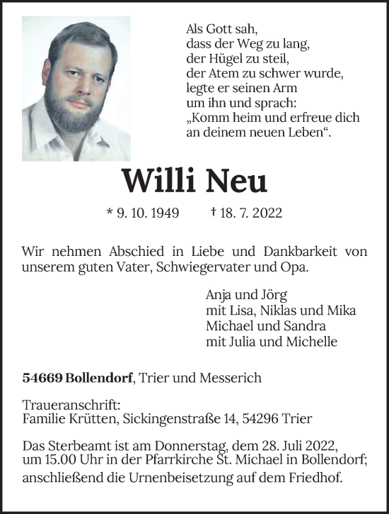 Traueranzeige von Willi Neu von trierischer_volksfreund