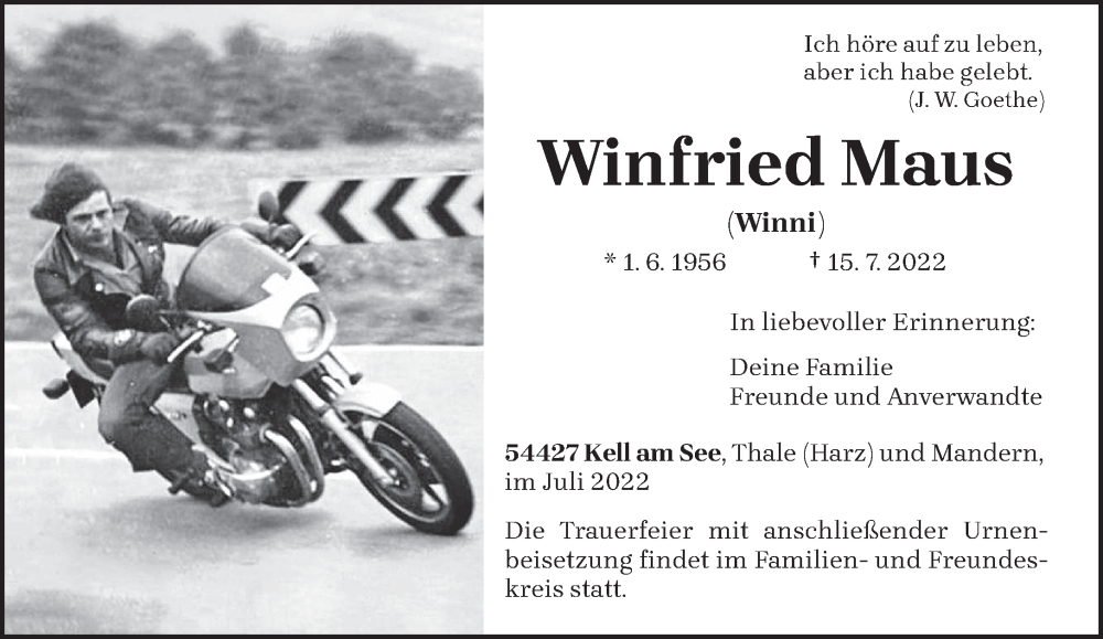  Traueranzeige für Winfried Maus vom 20.07.2022 aus trierischer_volksfreund