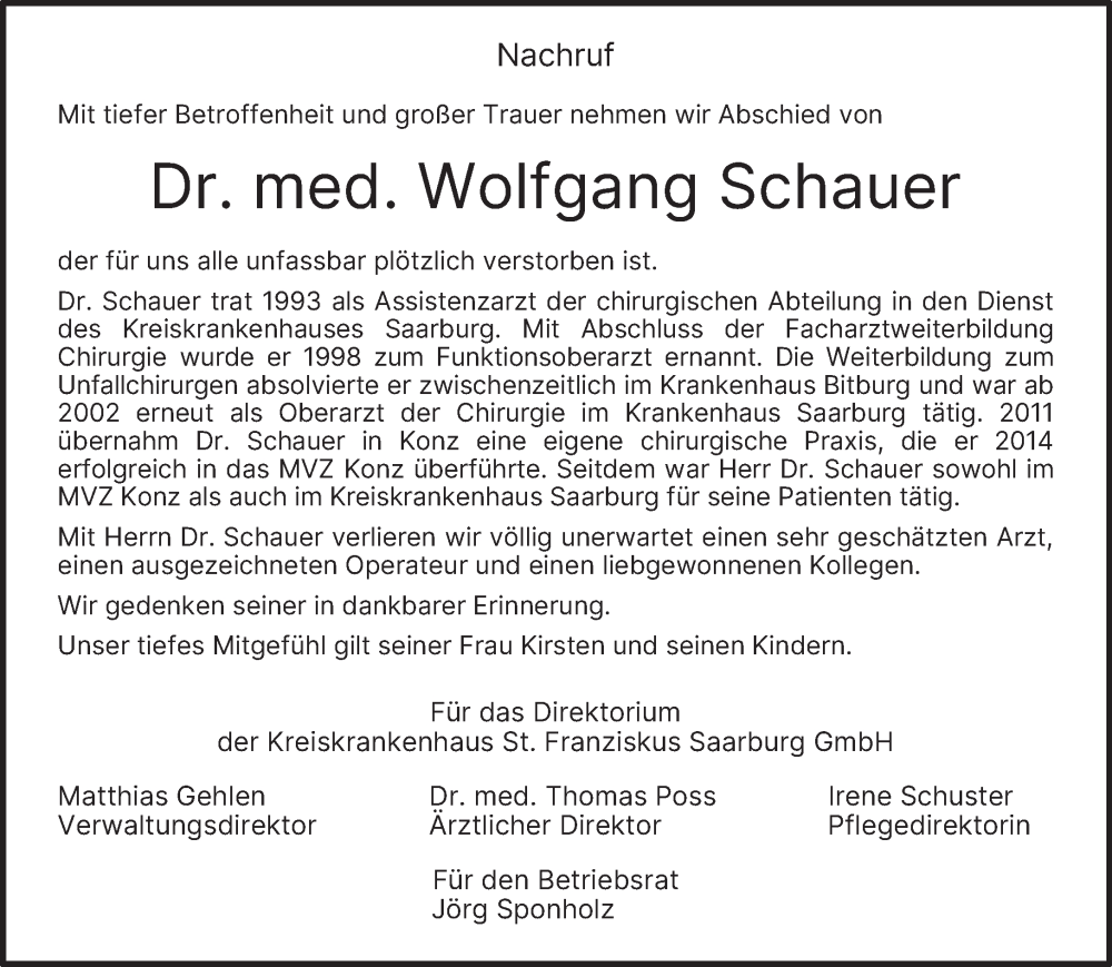  Traueranzeige für Wolfgang Schauer vom 23.07.2022 aus trierischer_volksfreund