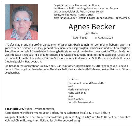 Traueranzeige von Agnes Becker von trierischer_volksfreund