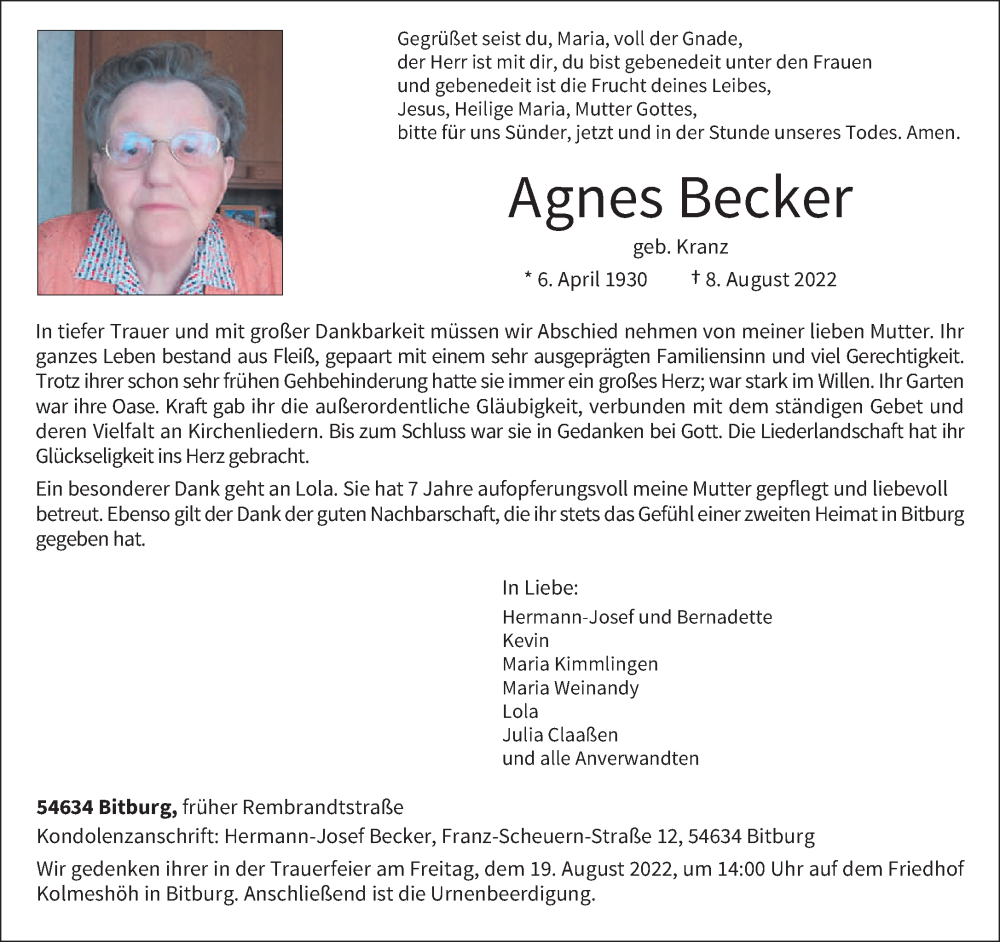  Traueranzeige für Agnes Becker vom 15.08.2022 aus trierischer_volksfreund