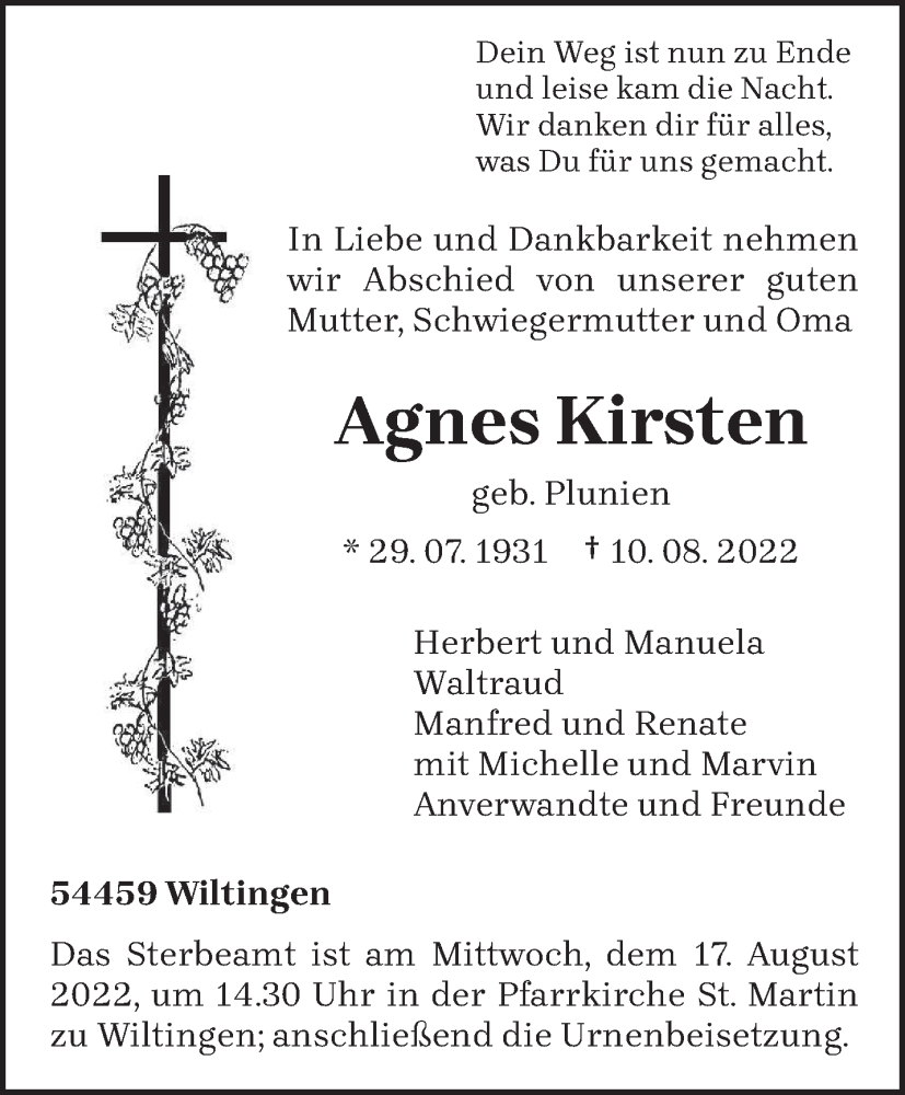  Traueranzeige für Agnes Kirsten vom 13.08.2022 aus trierischer_volksfreund