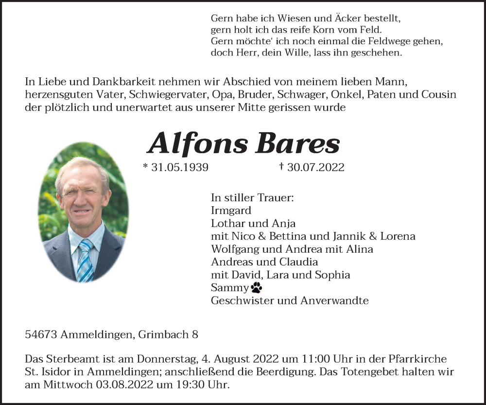  Traueranzeige für Alfons Bares vom 02.08.2022 aus trierischer_volksfreund