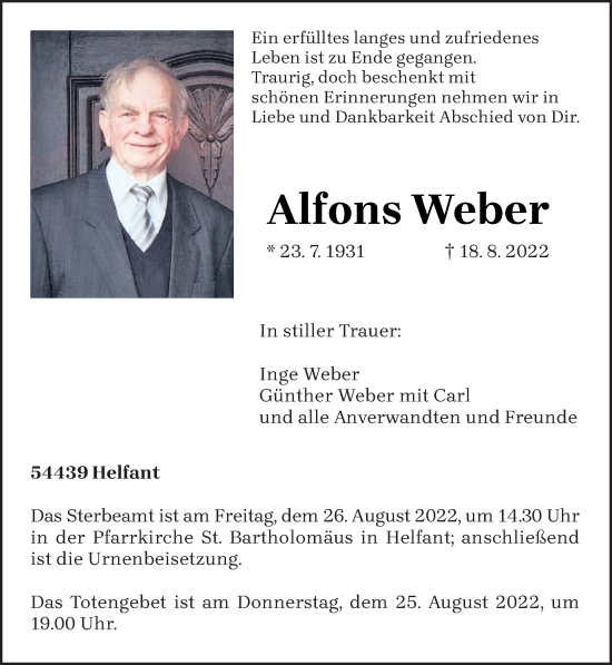 Traueranzeige von Alfons Weber von trierischer_volksfreund